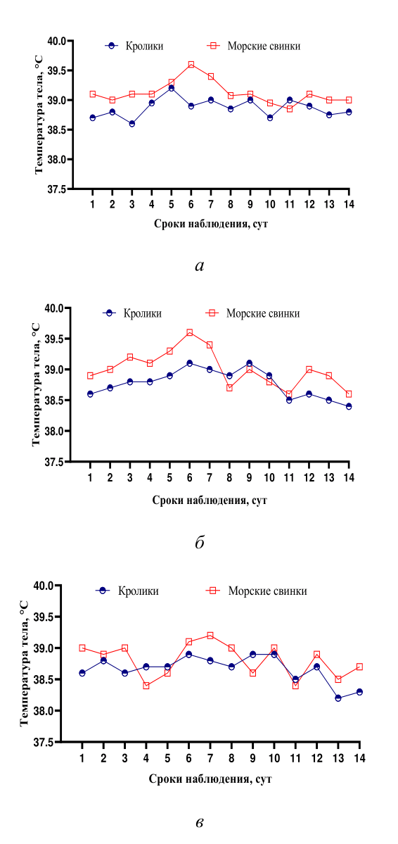 Температурная реакция животных на введение вакцинных препаратов: а – животные первой группы иммунизированные аттенуированным штаммом «CowPOX-CAM» вируса ОК (65 пассаж); б – животные второй группы иммунизированные штаммом «Биэмг-51» вируса осповакцины; в – контрольная группа животных, не иммунизированные
