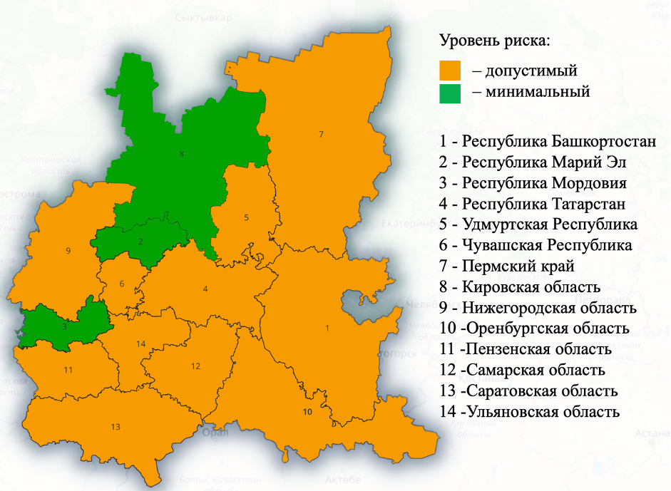 Риск хронического ингаляционного воздействия NO2 в ПФО