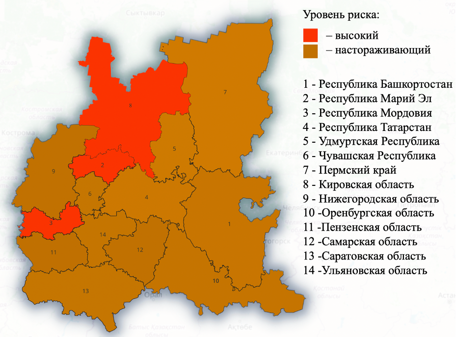 Риск комбинированного хронического ингаляционного воздействия NO2, O3, PM2.5 и PM10 в ПФО