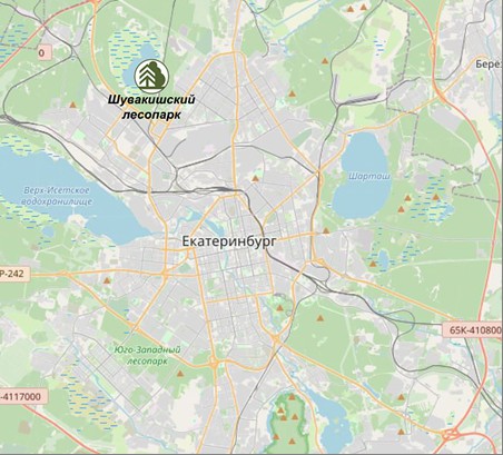 Расположение Шувакишского лесного парка на карте города Екатеринбурга