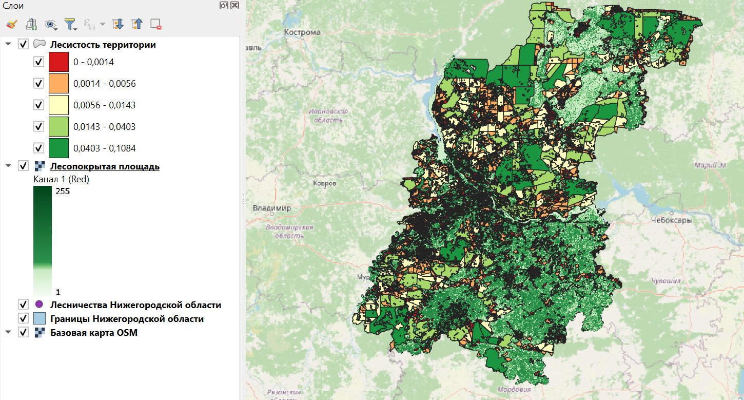 Оценка лесистости территории Нижегородской области с помощью "Tree Density Calculator"