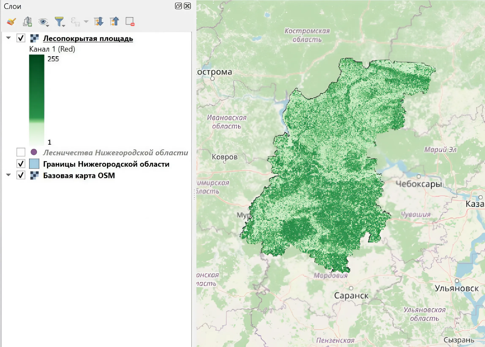 Тепловая карта распределения лесов Нижегородской области, полученная при обработке космического снимка LANDSAT