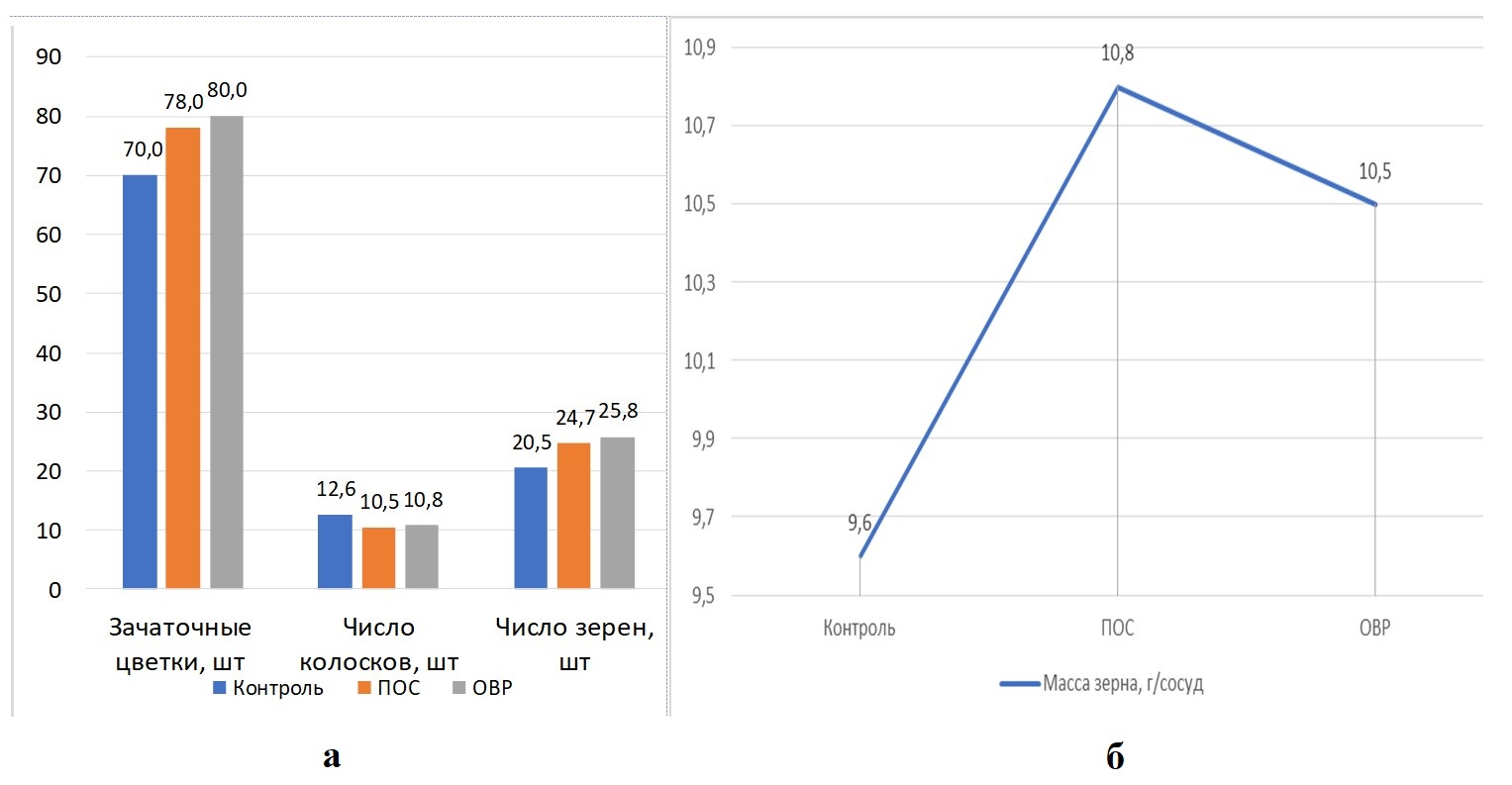 Влияние различных способ обработки селеном на элементы продуктивности (а) и урожайности (б) яровой пшеницы сорта Эстер при оптимальном увлажнении почвы