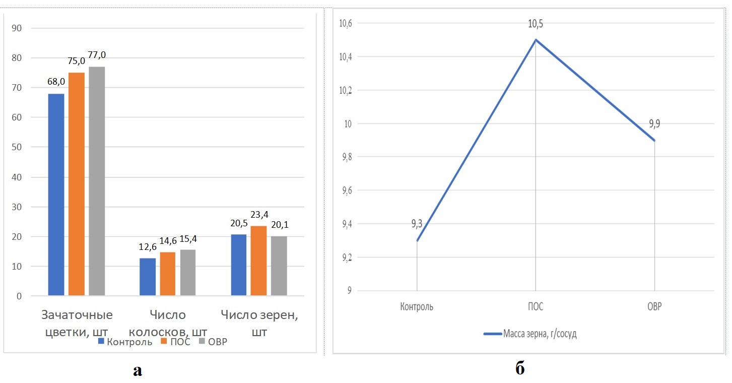 Влияние различных способ обработки селеном на элементы продуктивности (а) и урожайности (б) яровой пшеницы сорта Злата при оптимальном увлажнении почвы