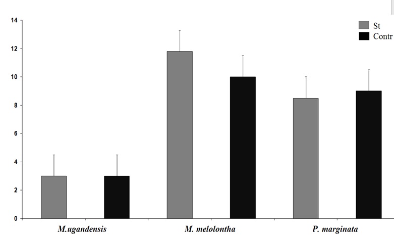 Среднее число нейтральных реакций личинок во время эксперимента: St - стимул 150 Гц; Contr - контроль