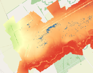 Фрагмент с обозначенными границами зон подтопления и цифровой моделью местности