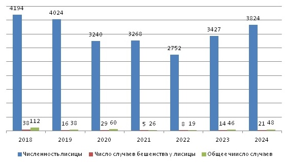 Сравнение количества выявленных на территории Тамбовской области случаев бешенства у лисицы с изменением ее численности за период с 2018 по 2024 гг