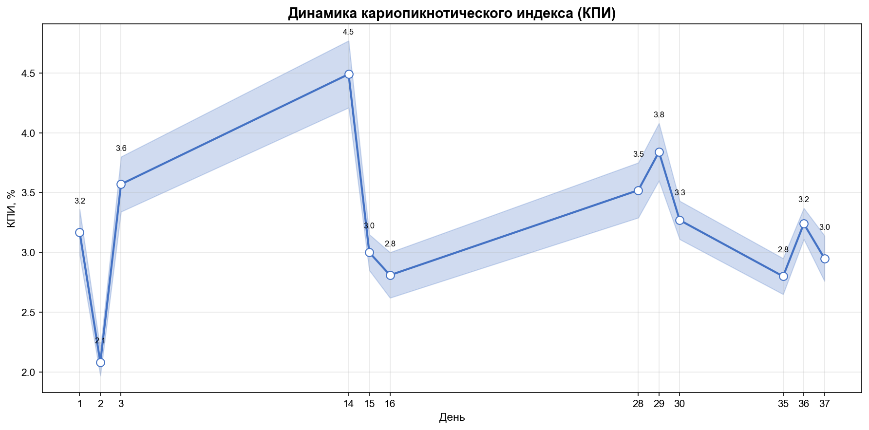 Динамика кариопикнотического индекса (КПИ) в ходе синхронизированного цикла